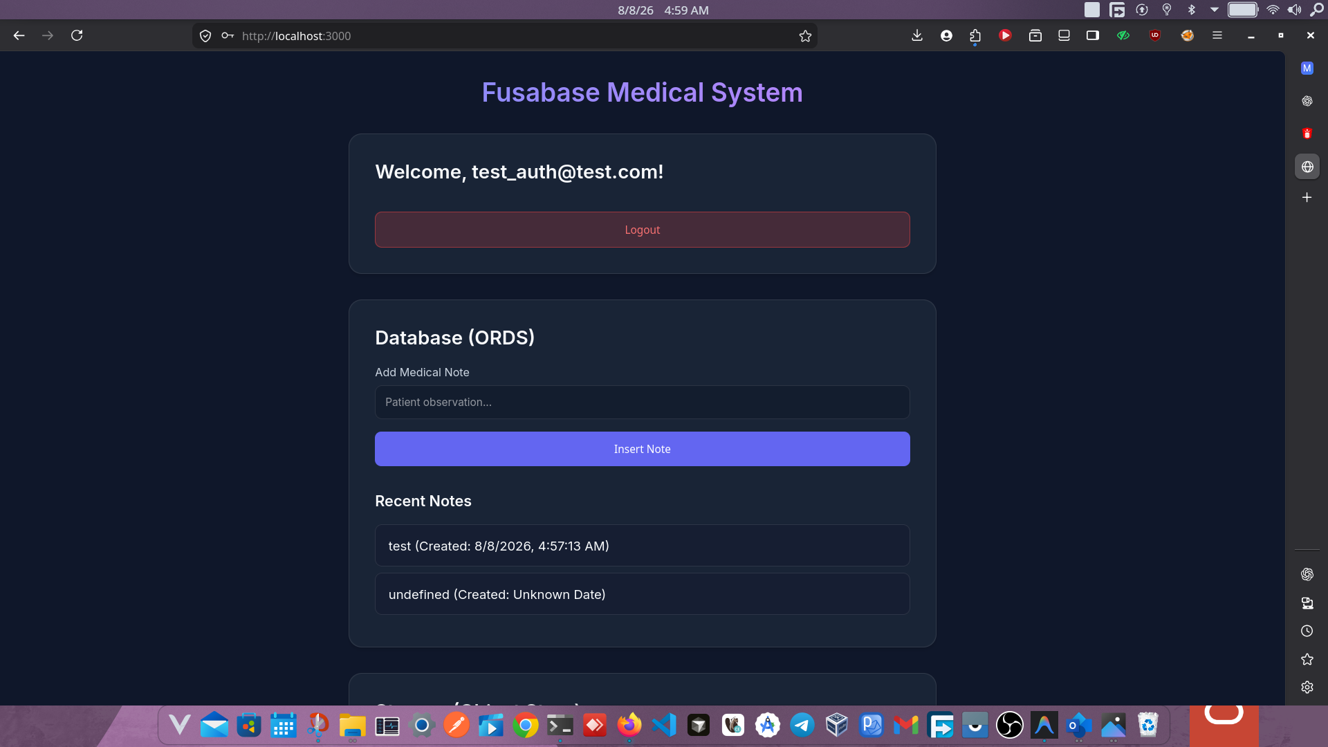 Fusabase application — authenticated dashboard with database and storage sections