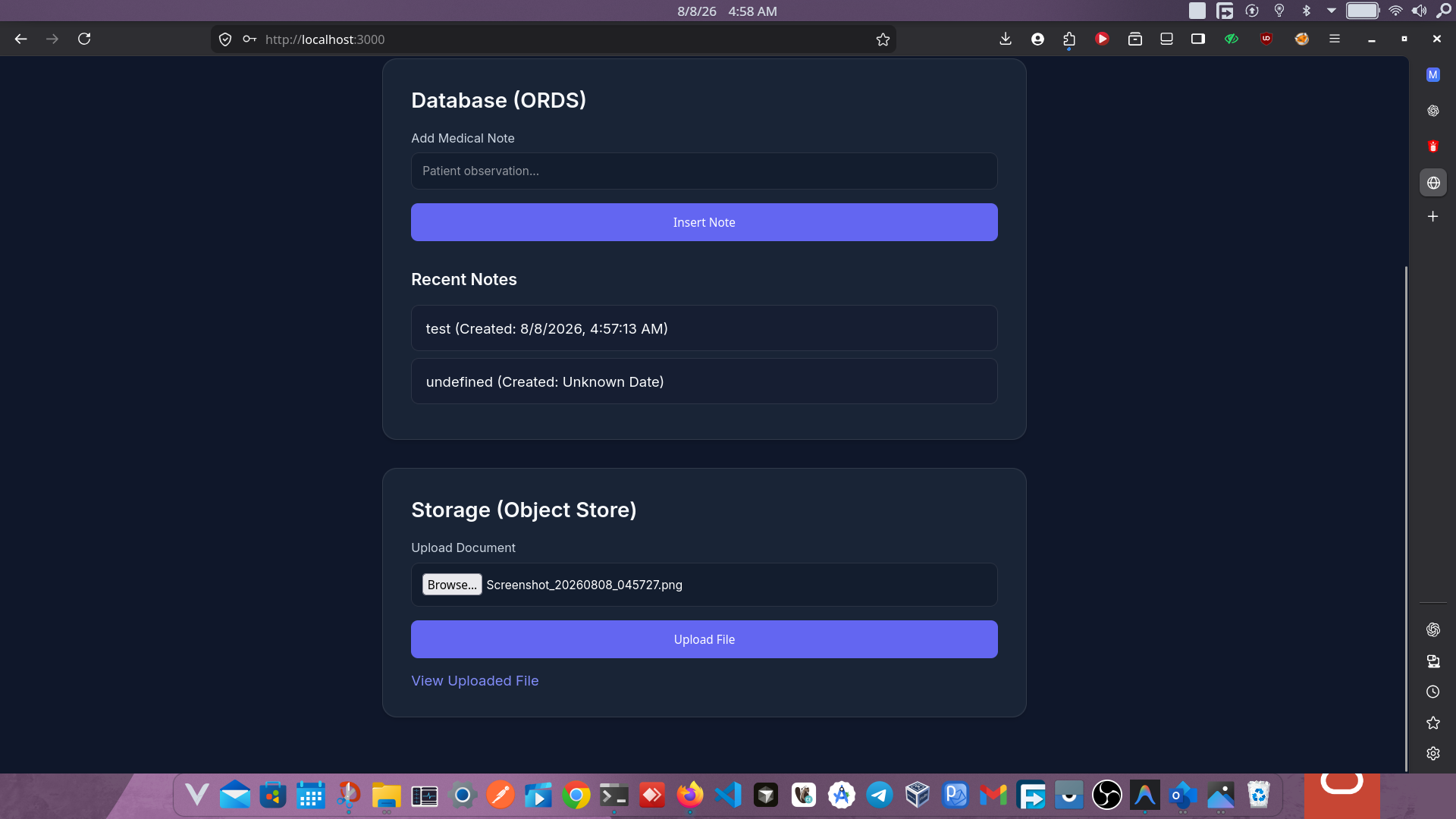 Fusabase application — database notes and file storage upload section