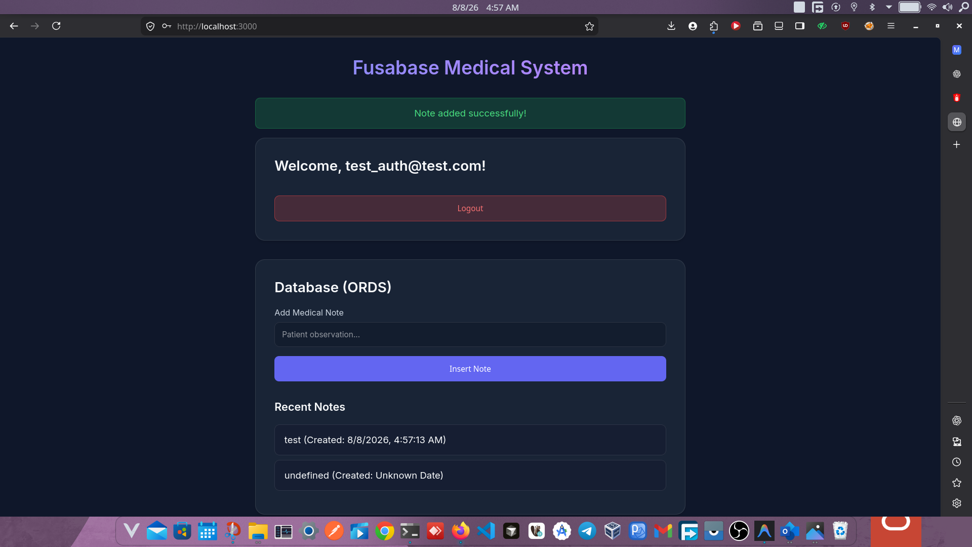 Fusabase application — note added successfully with recent notes displayed