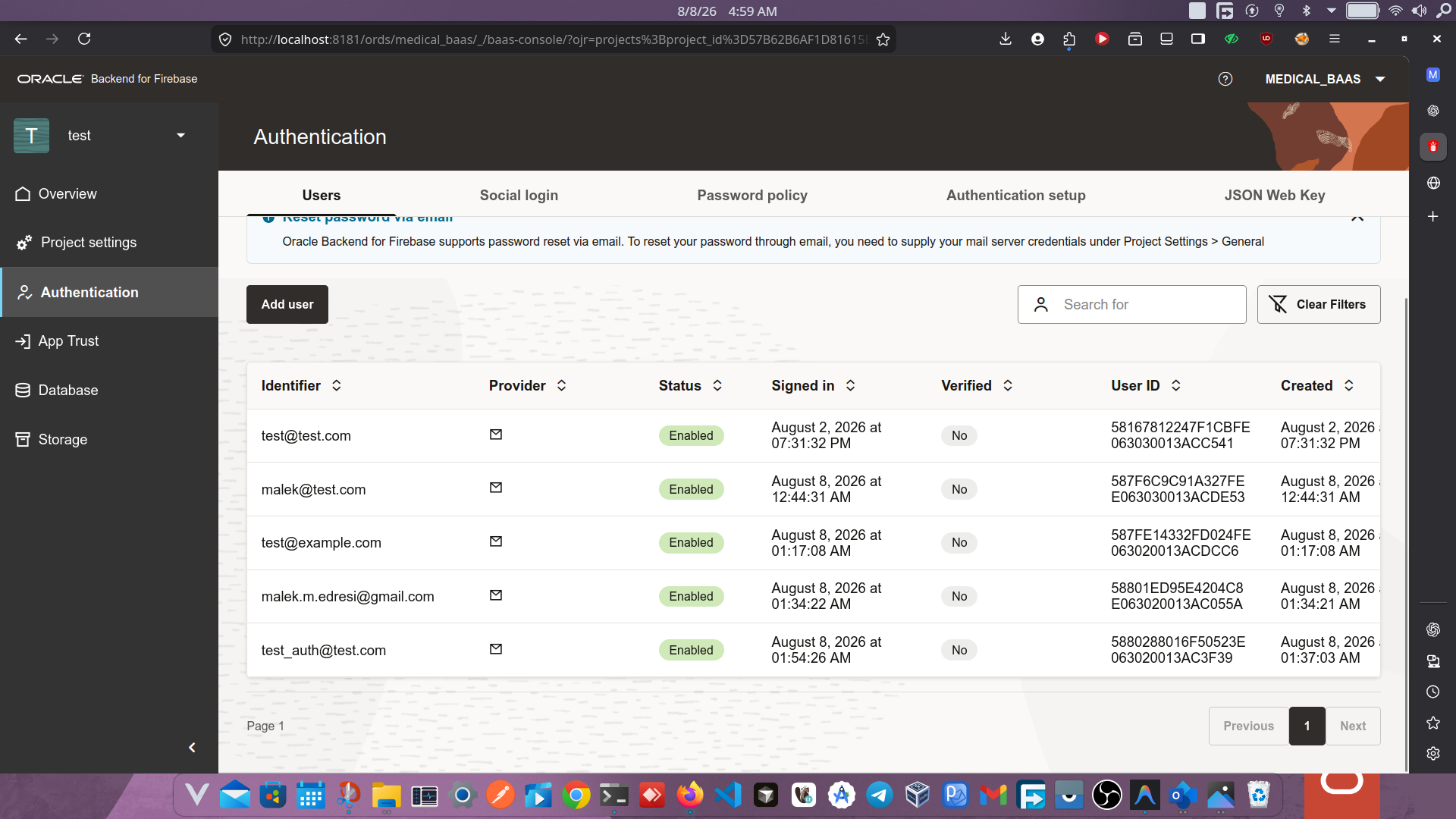 Fusabase Console — Authentication panel showing registered users