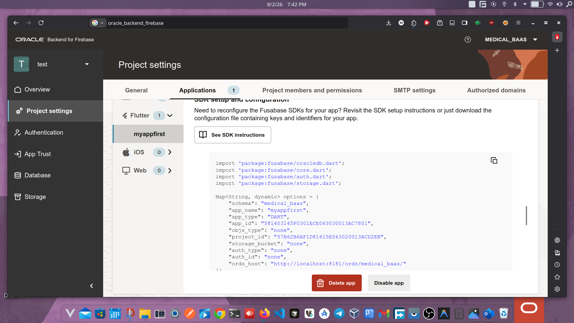 Fusabase Project Settings — SDK configuration for a Flutter app