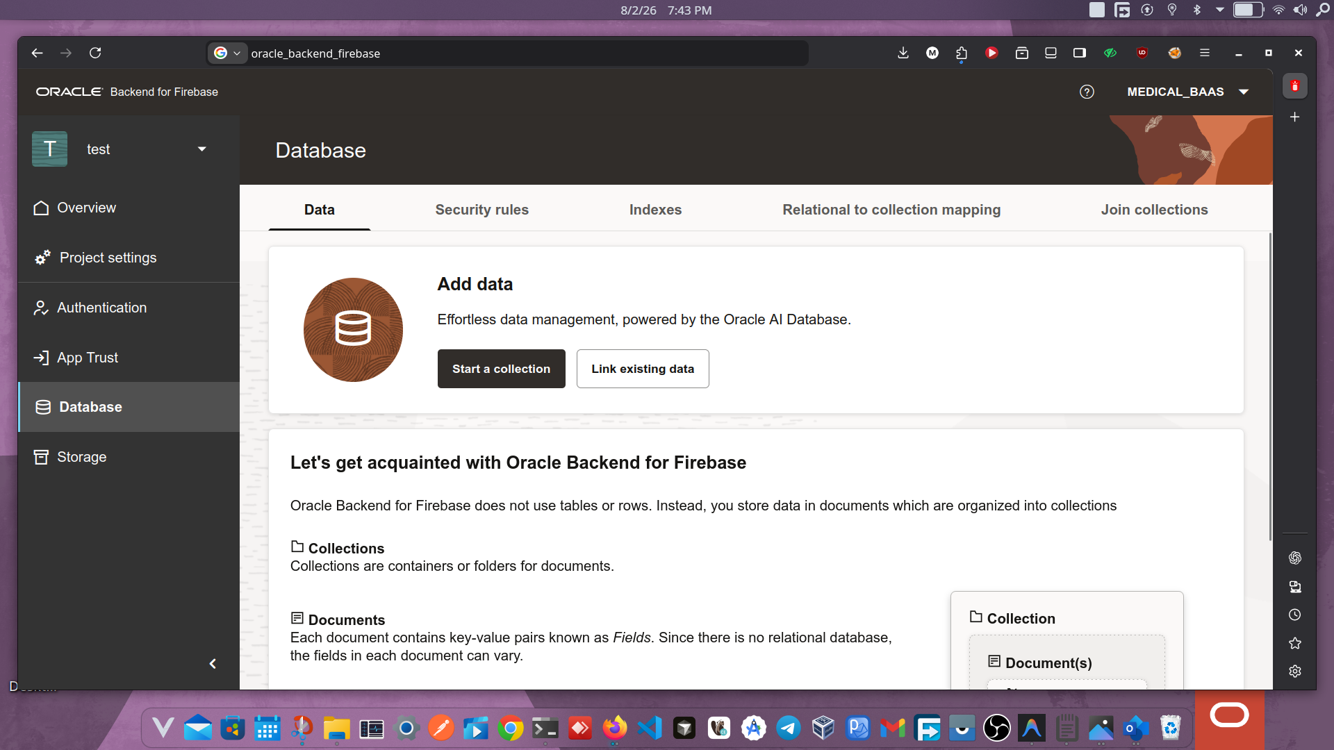 Fusabase Database Console — collection and document management with relational mapping